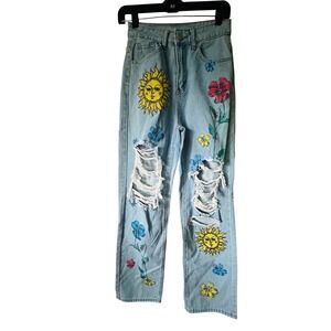 SHEIN Light Wash Distressed Sun Flower Graphic Jeans Women's XS